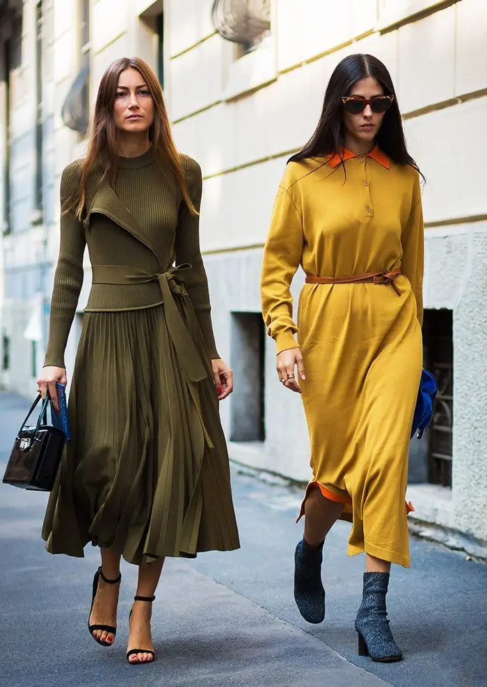 DEAT New Winter Fashion Women Clothes Turn-down Collar Full Sleeves Knits Yellow Shirt Dress With Belts WJ13807S