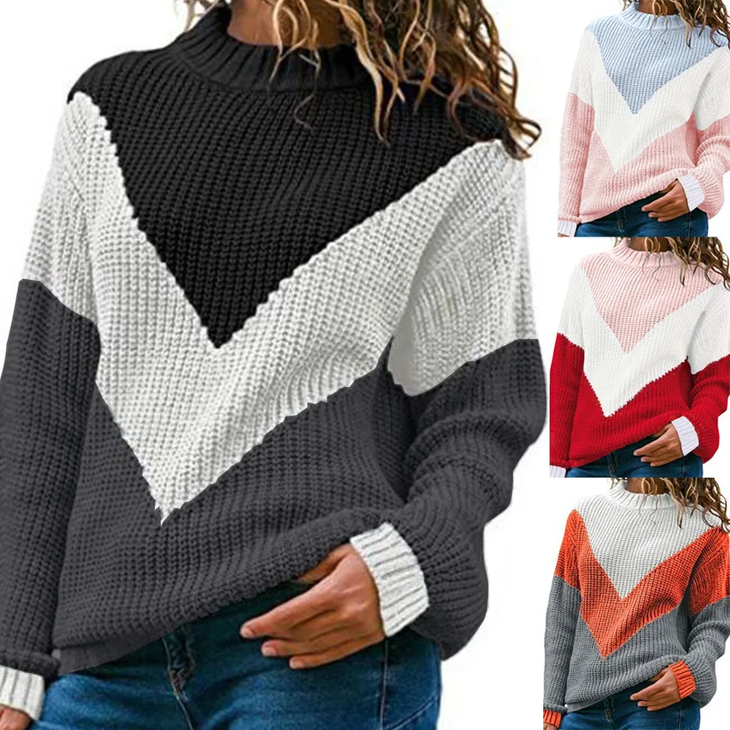 

2020 New Autumn and Winter Sweater Contrast Stitching Knit Sweater Women's Round Neck Loose Large Size Pullover
