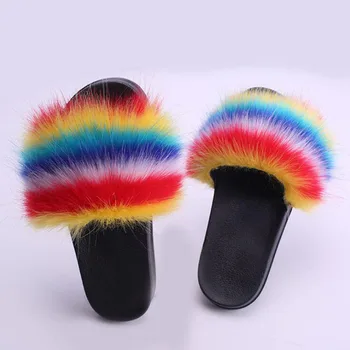 

Spring and summer Women's non-slip PVC word fashion slippers home imitation fox fur summer ladies new plush slippers