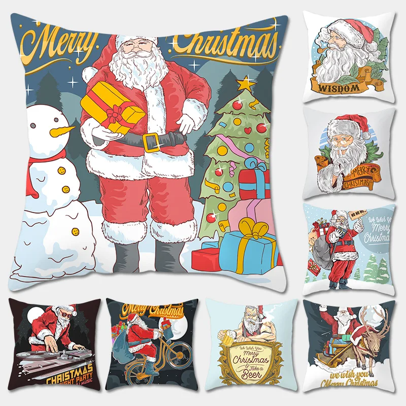 

Sigle-sided Printing Polyester Christmas Throw Pillows Case Decorative Punk Santa Claus Deer Cushion Covers for Sofa Home Decor
