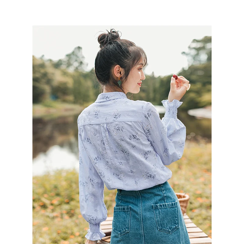 Beste Inman Voorjaar Herfst Jong Meisje Borduurwerk Katoen Literaire Alle Matched Minimalisme Elegante Print Vrouwen Blouse