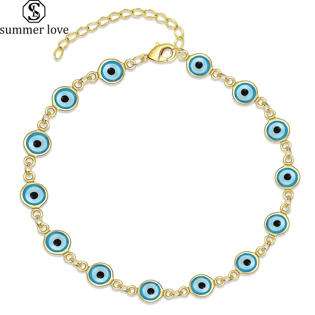 Evil Eye Bracelet with Tiny Hearts in Chain - Evil Eyes India