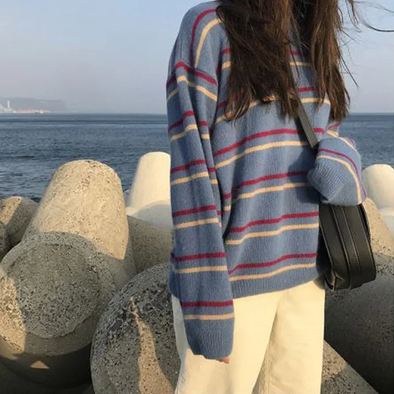 Sweet Student Harajuku Knitted Loose Sweater Outwear Women Soft Autumn Casual Warm Striped Long Sleeve O-Neck Pullovers Sweet Student Harajuku Knitted Loose Sweater Outwear Women Soft Autumn Casual Warm Striped Long Sleeve O-Neck Pullovers