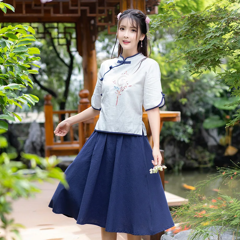 

2019 han dynasty Element Cotton Linen WOMEN'S Dress Literature And Art Retro Stand Collar Embroider Jacket Skirt Set