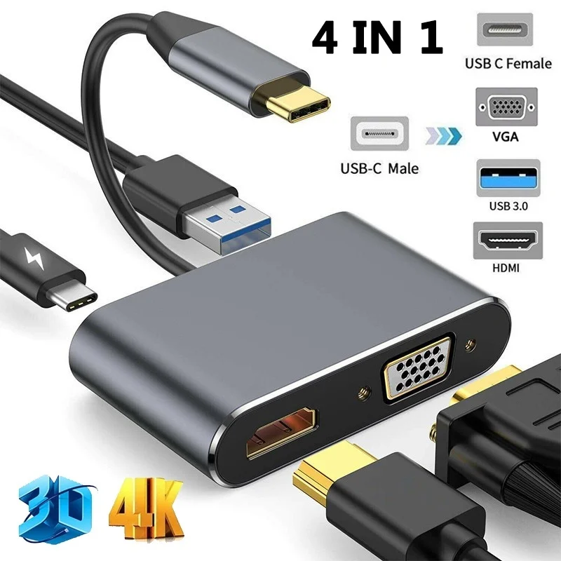 4 в 1 USB C Type HDMI конвертер 4K VGA USB3.0 o Видео адаптер PD быстрое зарядное устройство