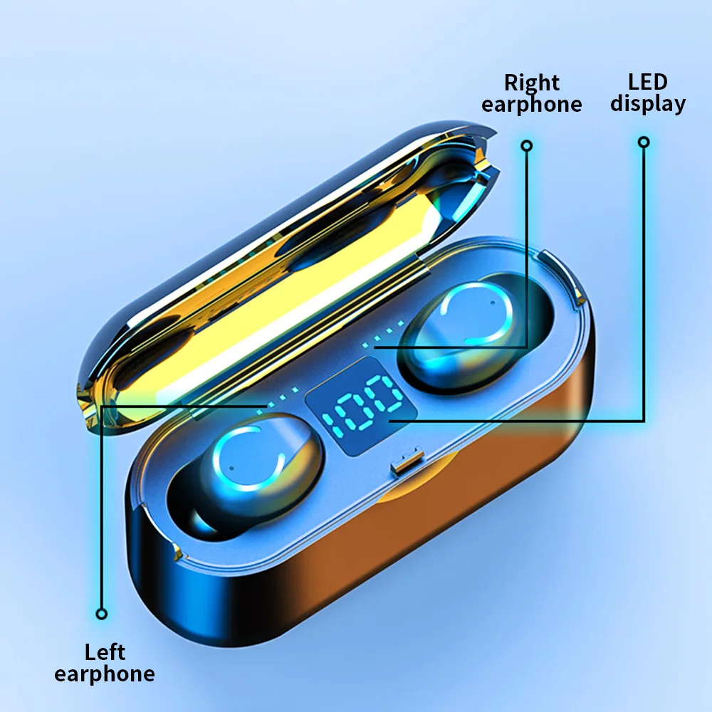 Беспроводные наушники Bluetooth 5,0 F9 TWS, беспроводные Bluetooth наушники, светодиодный дисплей, 2000 мАч, внешний аккумулятор, игровая гарнитура с микрофоном