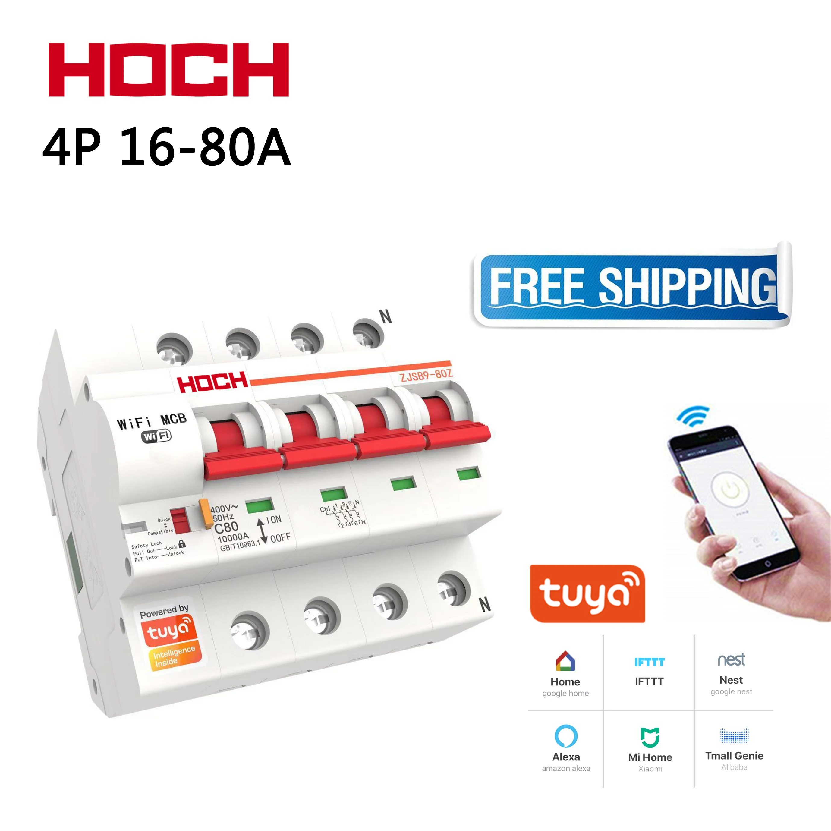 

HOCH ZJSB9-80Z Tuya app WIFI Circuit Breaker FACTORY timer Remote Control 4P wireless Automatic smart intelligent antenna Switch