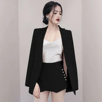 

HAMALIEL Runway Designer Office OL Two Piece Set Fall Winter Women Black Turn Down Collar Blazers + High Waist Button Shorts Set