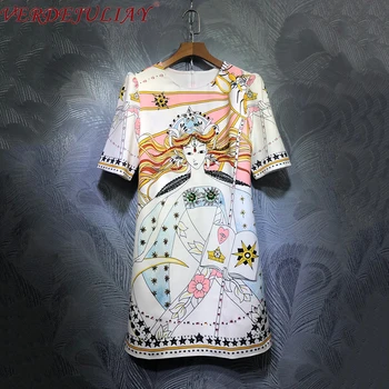 

VERDEJULIAY 2020 Spring Runway Design Vintage Style Straight Dresses Women Luxury Diamonds & Crystal Lady Print Mini Dress