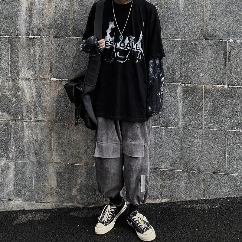 Черная футболка в стиле хип-хоп, мужские повседневные Осенние Топы, футболка из двух предметов, Мужская футболка с длинными рукавами, модная футболка в японском стиле, уличная футболка для мальчиков