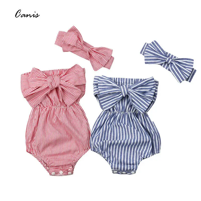 Newborn Infant Baby Girls Off Shoulder Strapless Striped Romper Large Bow Tie Jumpsuit Outfits Headband