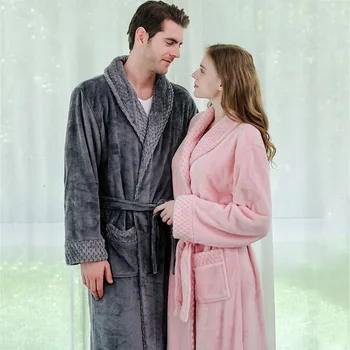 

Men Night Gown Bathrobe Autumn Winter Male Pajamas Suit Solid Lengthened Plush Shawl Bathrobe Long Sleeved Robe