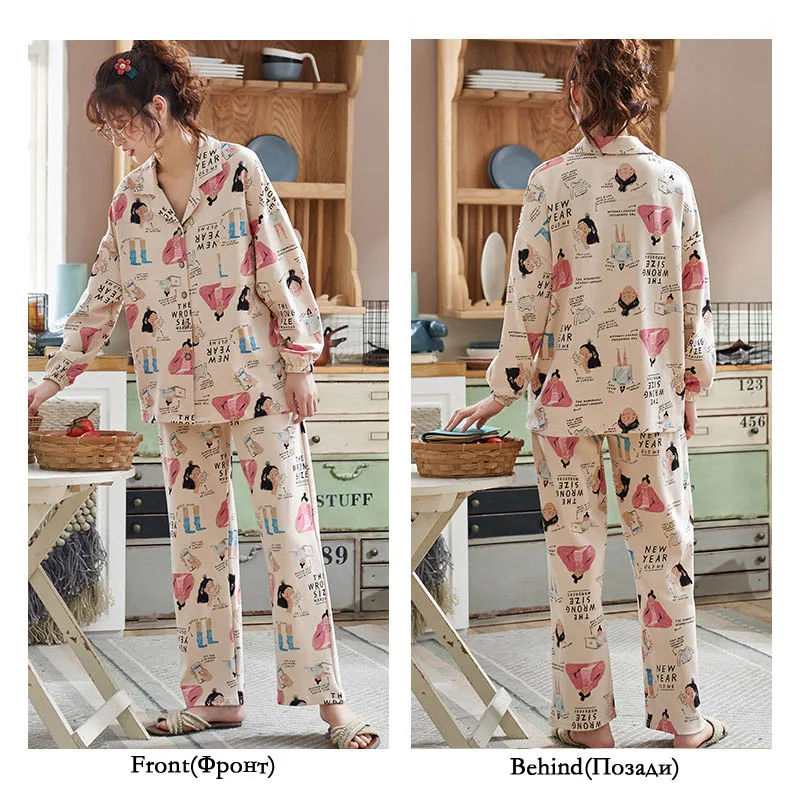 Зимние пижамы; комплект одежды из 2 предметов; Трикотажная хлопковая пижама с принтом; повседневная женская пижама с отложным воротником; домашняя одежда