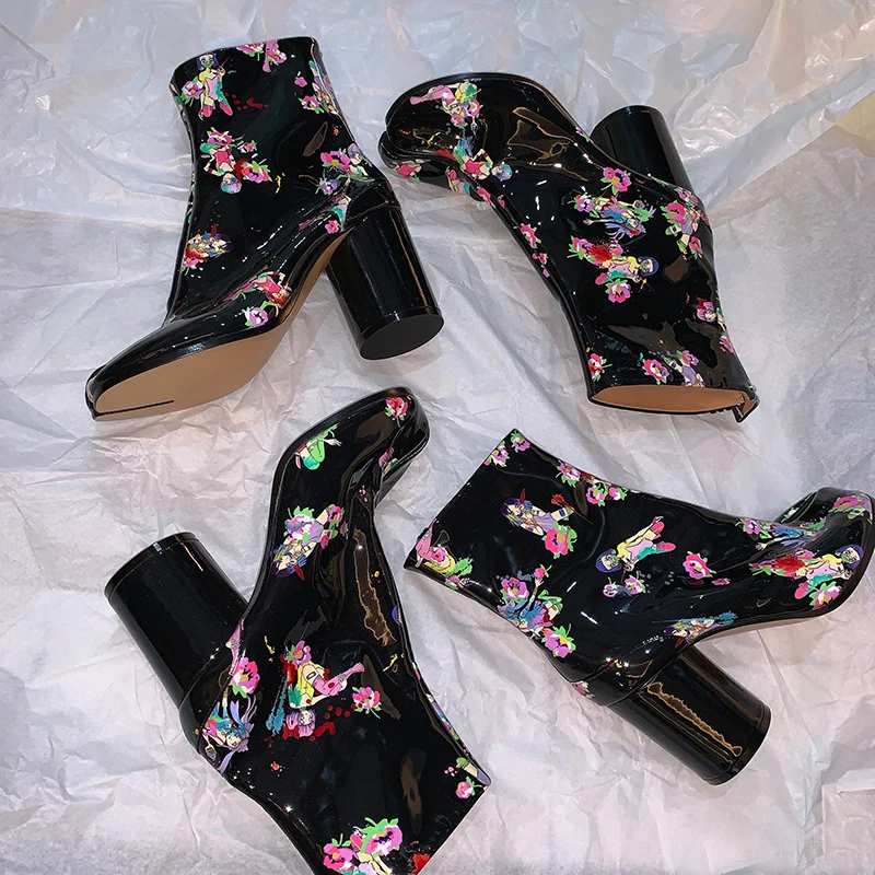 GCYFWJ/ботильоны для женщин с раздельным носком; короткие ботинки на высоком массивном каблуке с принтом; обувь для шоу; ботинки в стиле ниндзя; рыцарские ботинки