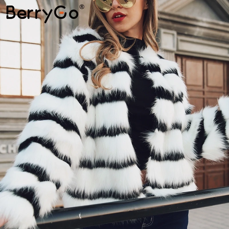 

BerryGo Casual warm Plus size women faux fur coats Elegant striped autumn winter female jackets Streetwear fashion ladies coats