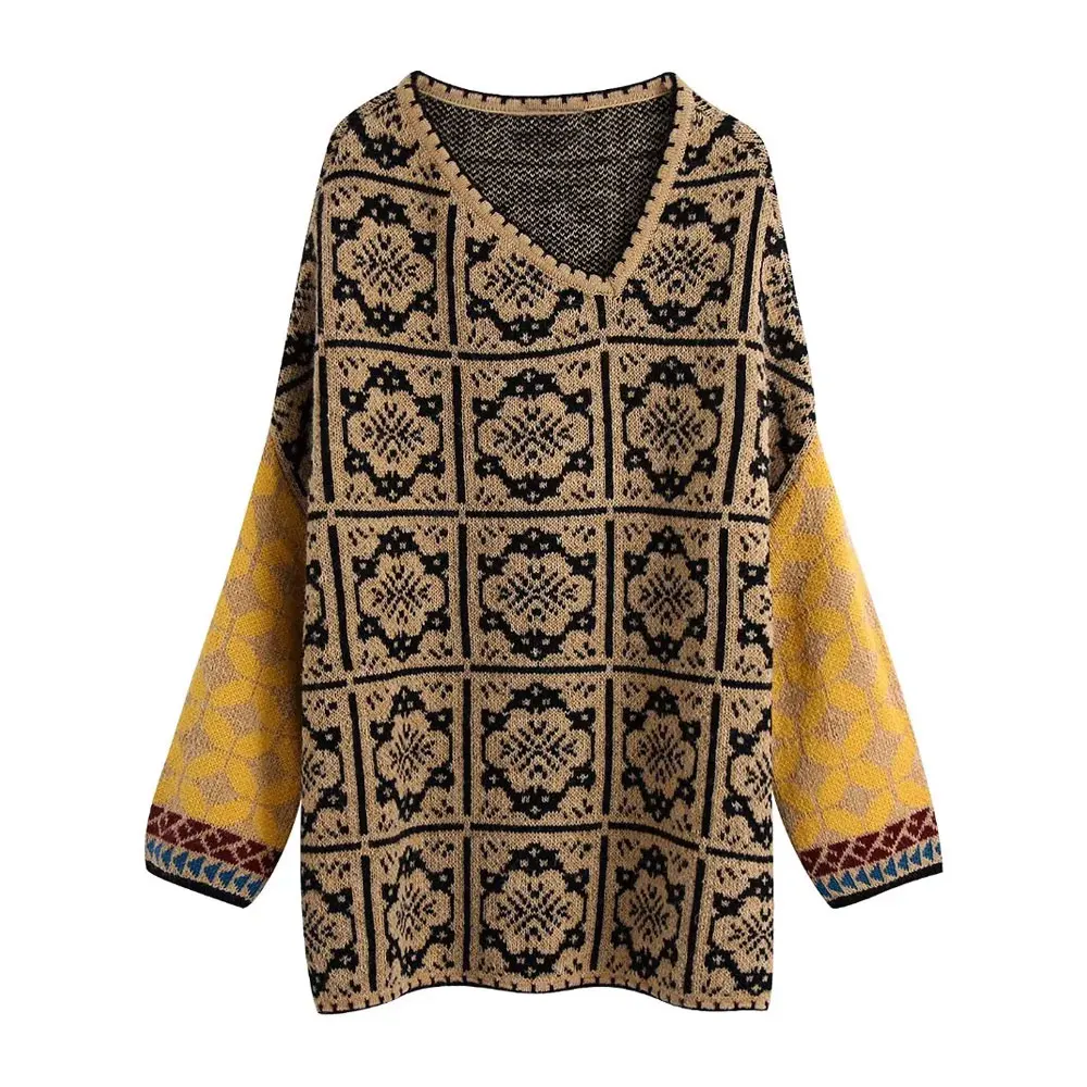 KPYTOMOA Women Fashion Oversized Jacquard Knit Sweater Vintage Asymmetric Neck Long Sleeve Female Pullovers Chic Tops cardigan for women