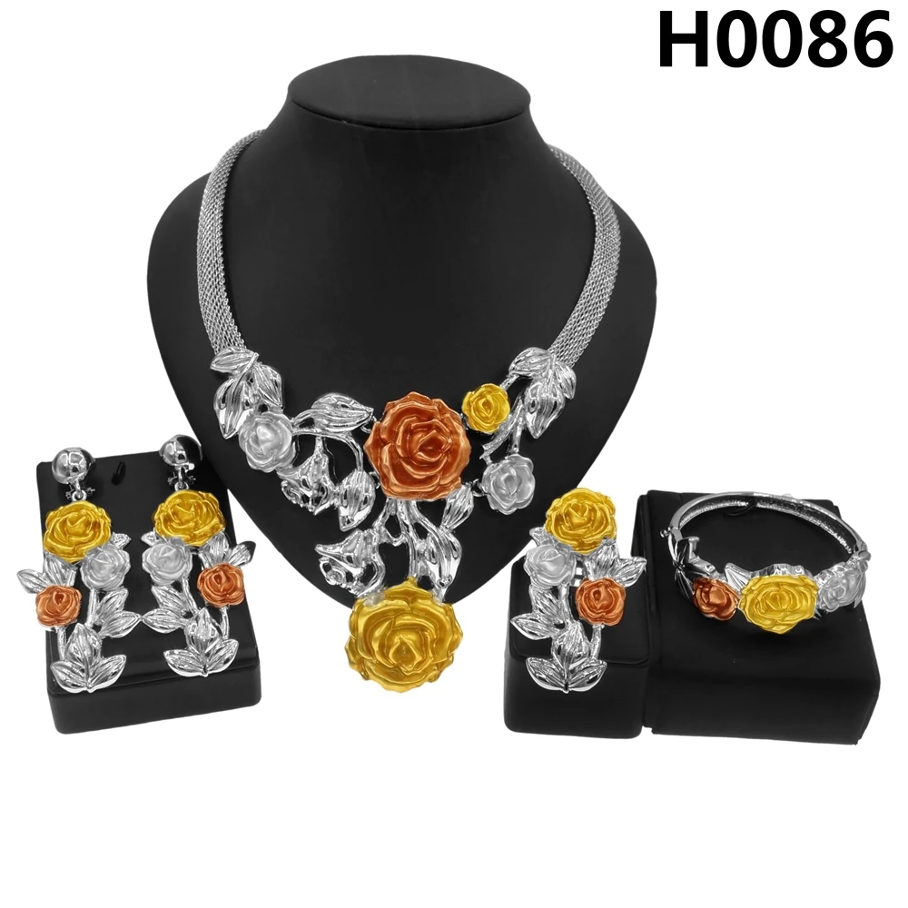 Newest Italian Jewelry Set High Quality Color Rose Flower Necklace Wedding Party Fashion Earring Bracelet H0085