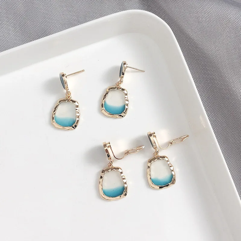 Korean temperament Small Gold Color Frame Gradient Blue Resin Transparent Square Clip on Earrings Non Pierced Ears For Women | Украшения и