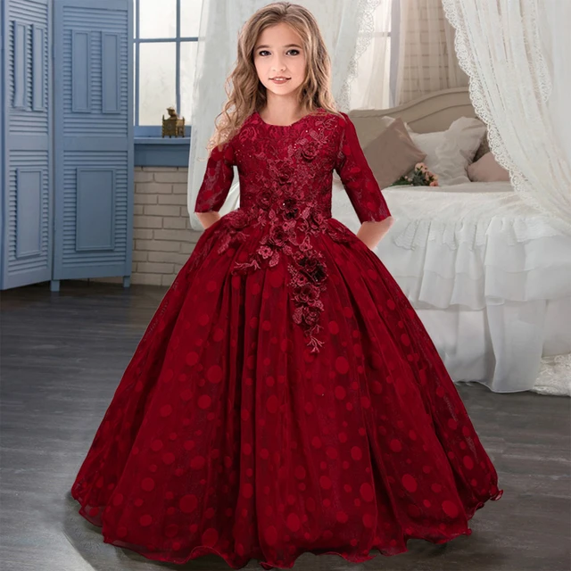 Vestido de manga larga de flores para niña, vestidos elegantes para niña, fiesta y boda, vestido de princesa para dama de honor, 10 12 años, verano 2021 - AliExpress