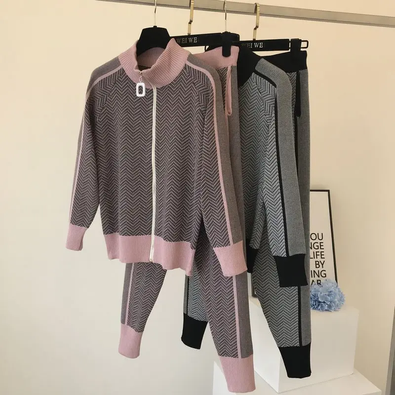 

Autumn New Women Knitting Tracksuit Zipper Cardigans + Drawstring High Waist Pants Female Winter Fashion Design 2pcs Sports Set