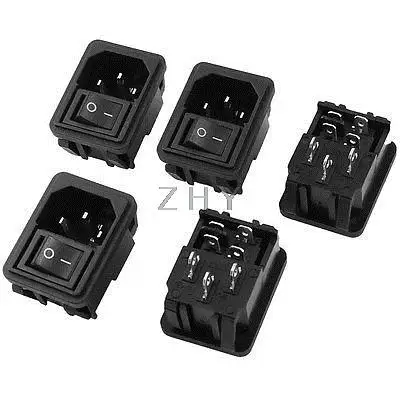 

AC 10A 250V 4 Pin Black Button Rocker Switch IEC320 C14 Inlet Power Socket 5Pcs