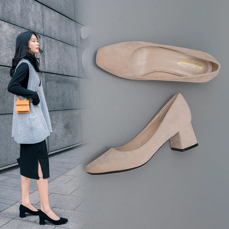 

2019 Spring Shoes Women's Square Head High Heel Shoes Versitile Fashion WOMEN'S Shoes Shallow Mouth Thick with Size Code 32-43 Y