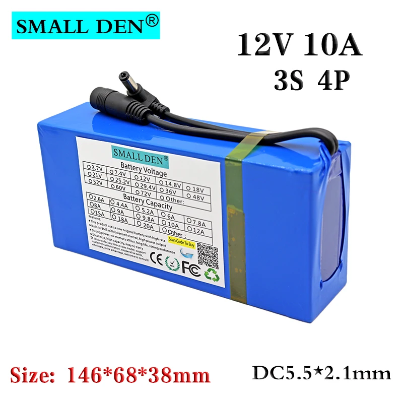 

12V 10Ah 18650 Lithium battery pack 3S4P DC12.6V Portable rechargeable battery Street Light LED Light Standby Power with 10A BMS