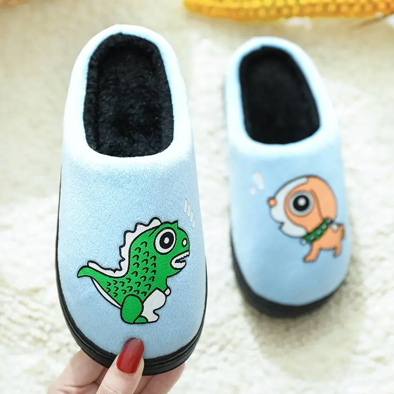 Зимние детские тапочки для девочек Единорог обувь для мальчиков мультфильм Динозавр хлопок теплые плюшевые домашние тапочки домашние детские Тапочки - Цвет: dog sky blue
