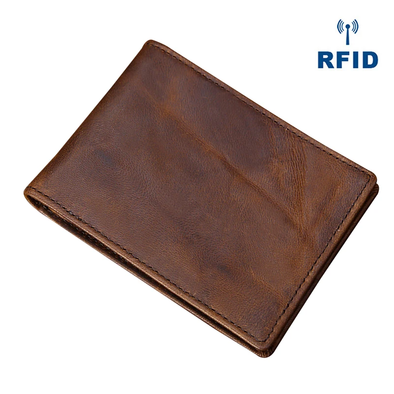Коричневый Мужской кошелек из натуральной кожи, RFID, Противоугонный, ID, кредитный держатель для карт, мужской, тонкий, Бизнес Стиль, Ретро стиль, мужской кошелек, двойные, Короткие Кошельки - Цвет: Коричневый
