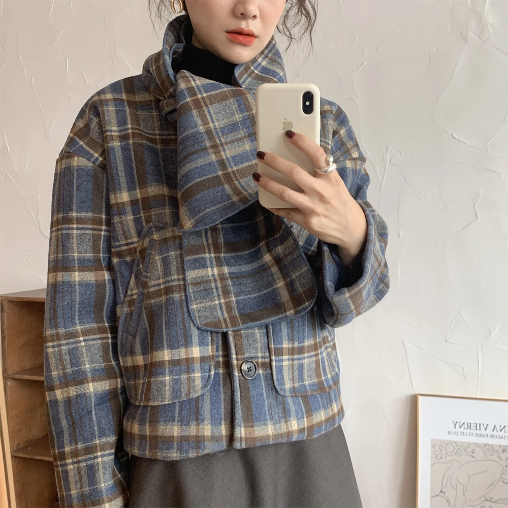 SHENGPALAE Autumn Winter With Bow Long Sleeve Vintage Fashion Jacket Plaid Dot Printing Loose Women Coat Tide FV980