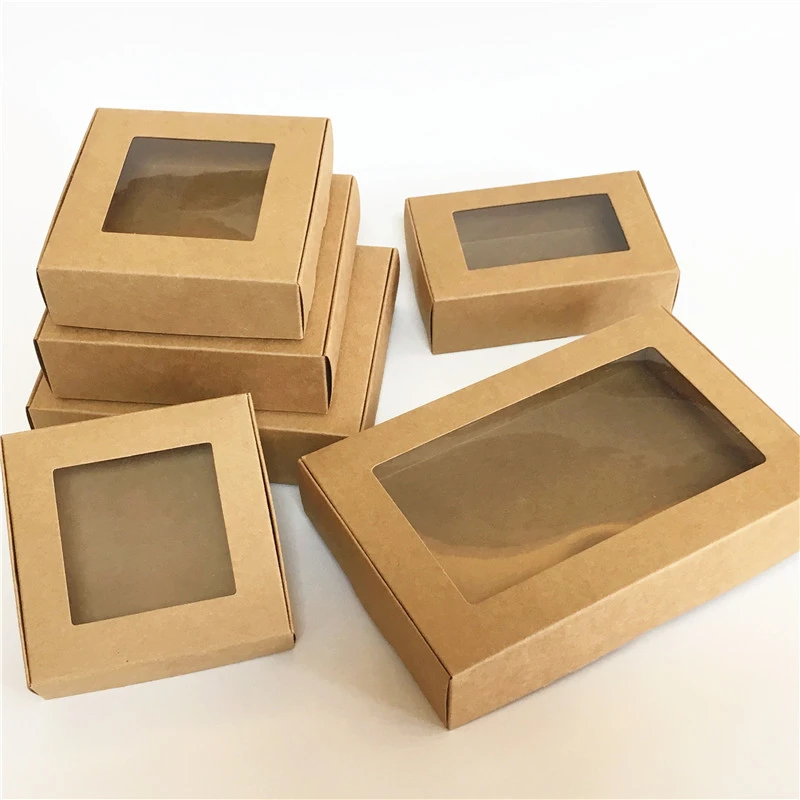 10Pcs Vintage Kraft Paper Gift Packaging Box with PVC Clear Window Wedding Favor
