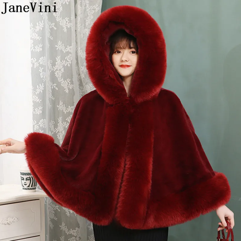 JaneVini – cape en Fausse Fourrure pour femme, châle à capuche, étole,  blanc, rouge