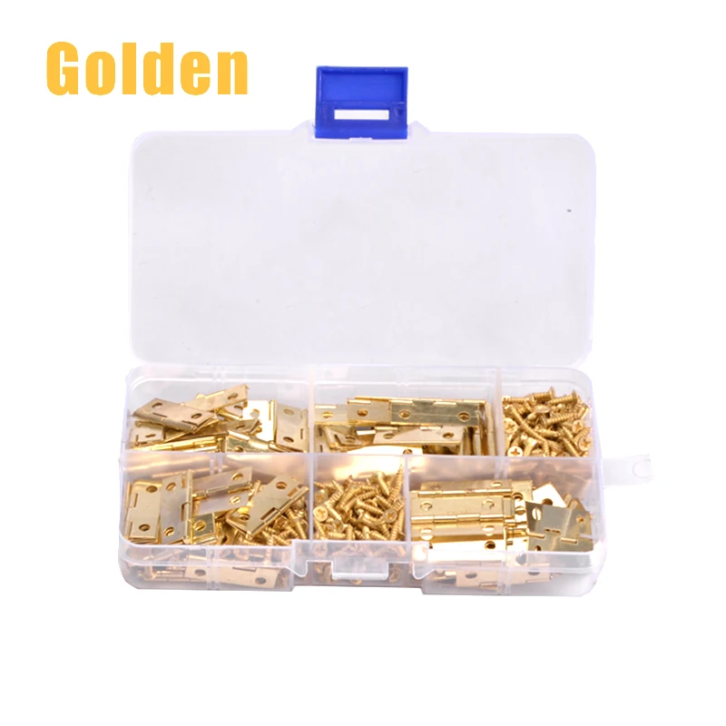 Golden 100 шт. мини-петли 24 мм* 16 мм и 400 шт. винты(бронза/золотистый) с пластиковой коробкой, миниатюрные мебельные шкафы мелкие петли - Цвет: Golden