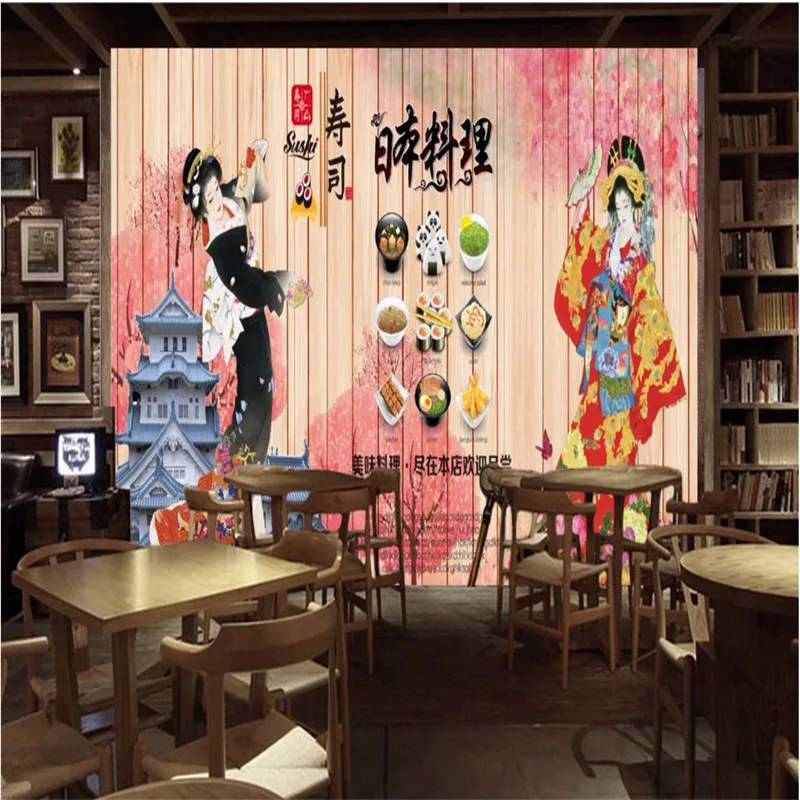Ретро Гейша вишня японская кухня обои 3D суши Ресторан общественного питания промышленная декоративная роспись стен 3D Papel де Parede