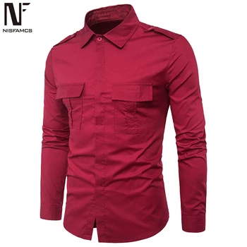 

Male Shirt Solid Color Office Casual Blouse Double Pocket Man Tops Men Social Shirts White High Quality Autumn Wear Long Sleeve