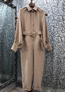 

2020 Spring and Summer New Women's Lapel Buckle Belt Waist Hugging Decorative Long Sleeve Solid Color Jumpsuit Casual 709
