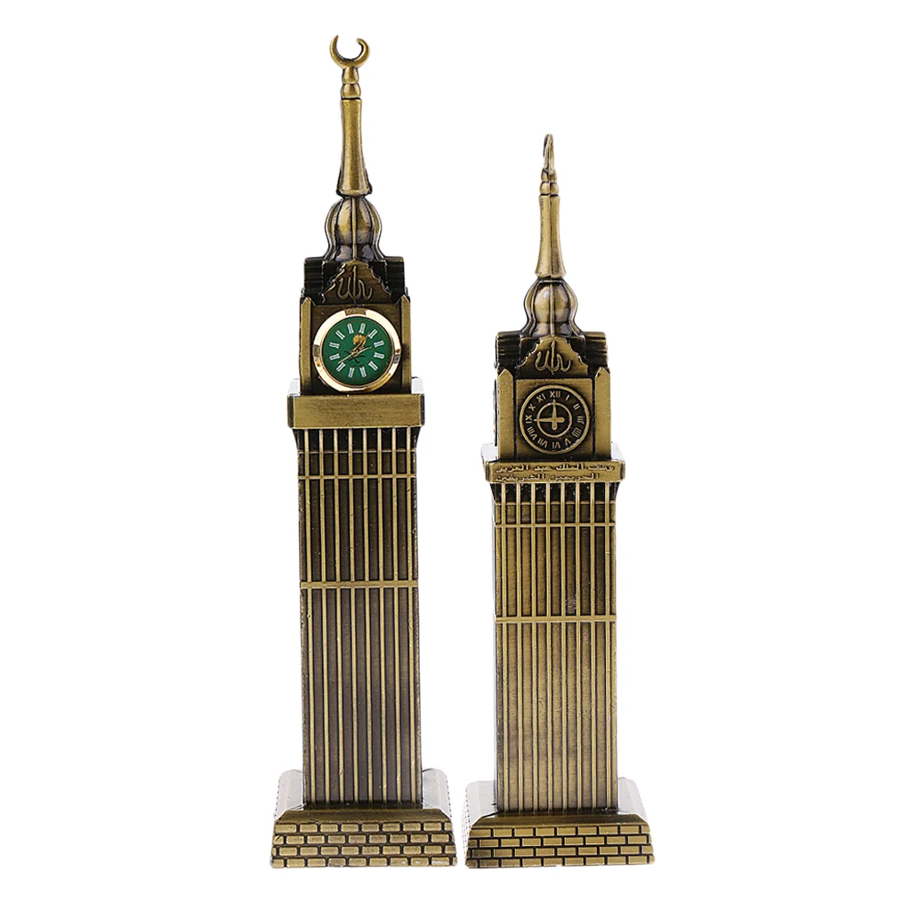 Retro Metal Mecca Tower Statue w/ Clock Building Figurine Model for Home Decor Bars Cafes Restaurants Wedding Party Ornament