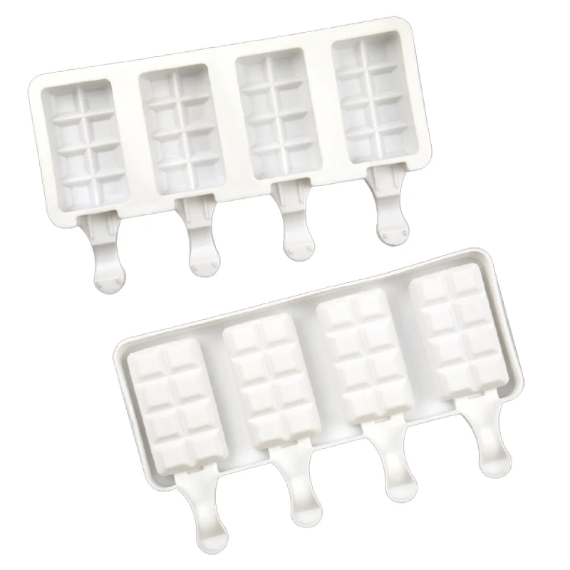Description Picture 5 of item4 Cells Ice Cream Moulds Grid Texture Silicone Popsicle Molds Juice Ice Cube Tray Wooden Popsicle Stick Ice-lolly Baking Tools