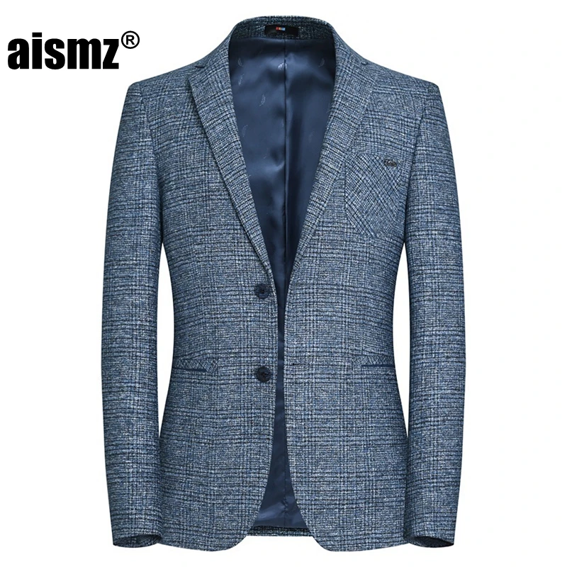 Aismz Plaid Slim Fit Men Blazer Masculino Hombre Business Casual Spring Autumn Winter Mens Jacket Blaser sobretudo Masculino - Цвет: AZ-8108 BLUE