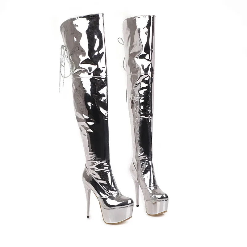 women's 14cm extremely high stiletto heels night club dance thigh high boots ladies platform shiny silver over-the-knee boots 48