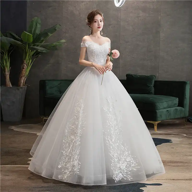 Vestidos De Novia Con Flores De Encaje Economicos Sencillos Y Elegantes Vestidos De Novia Vestido De Novia Vestido De Boda De Mariee Con Escote En V Y Hombros Descubiertos Con Lentejuelas G0z