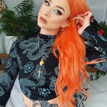 

2020 Long Sleeve Dragon Print Vintage Crop Tops Summer Women Fashion Backless Bandage Outfits T-shirts