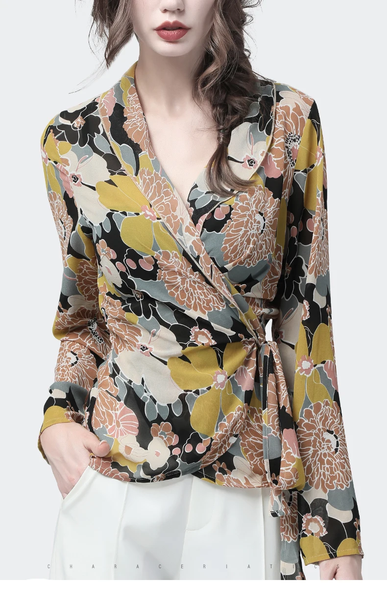 Женская блузка элегантный тонкий шифоновый топ красивый желтый цветочный принт v-образный вырез длинный рукав блузки с поясом осенний женский кардиган