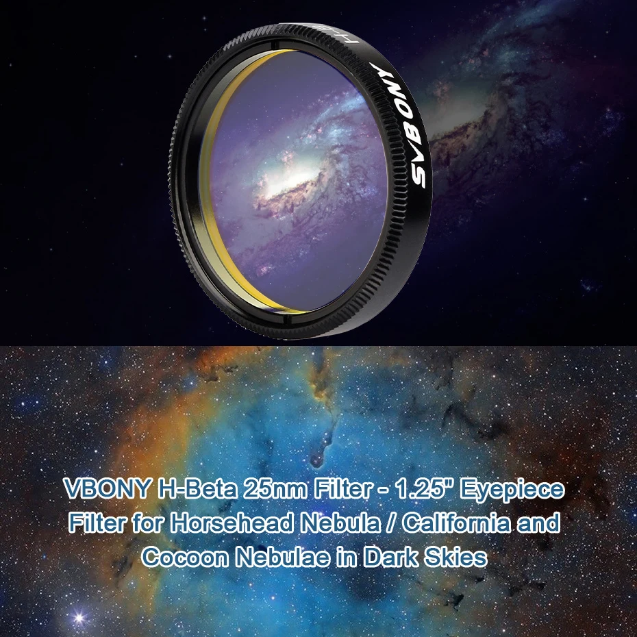 SVBONY SV132 filtr teleskopowy filtr h-beta 25nm 1.25 cala filtr okularowy do mgławicy koński łeb kalifornia i mgławice kokonowe w ciemnym niebie