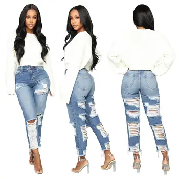 

2020 new Mid-rise Women's Stretch Faded Ripped Slim Fit Skinny Plus Size Denim Jeans