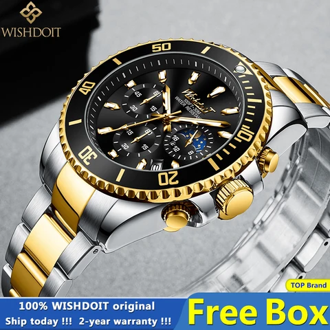 WISHDOIT-ساعة كوارتز للرجال ، رياضية ، فاخرة ، مقاومة للماء ، مضيئة ، كرونوغراف ، ستانلس ستيل ، 2020