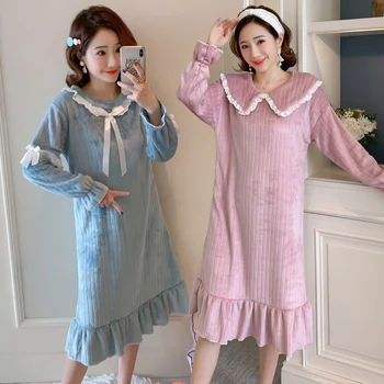 

2020 Winter Long Sleeve Thick Warm Flannel Nightgown for Women Cute Lace Coral Velvet Sleepwear Home Dress Night Gown Nightdress