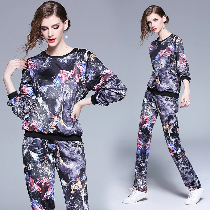 

2019 2 Piece Fall Set Women 2 Piece Set Blue Tracksuit Outfits Winter Matching Co-ord Top And Pant Suit Print Floral Clothing