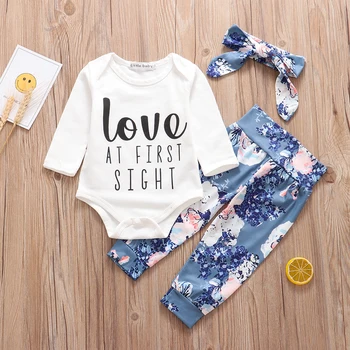 

3Pcs New Newborn Baby Girls clothes Set love at first sight Print bodysuit Floral Pants Headband Autumn Infant Clothing Set