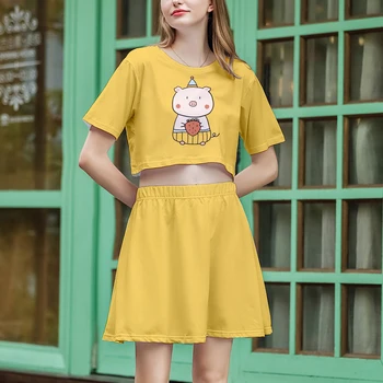

2019 kawaii pig Short skirt suit Hot Short Sleeve T-shirt and suit kawaii pig Two Piece High Quality Casual New set streetwear